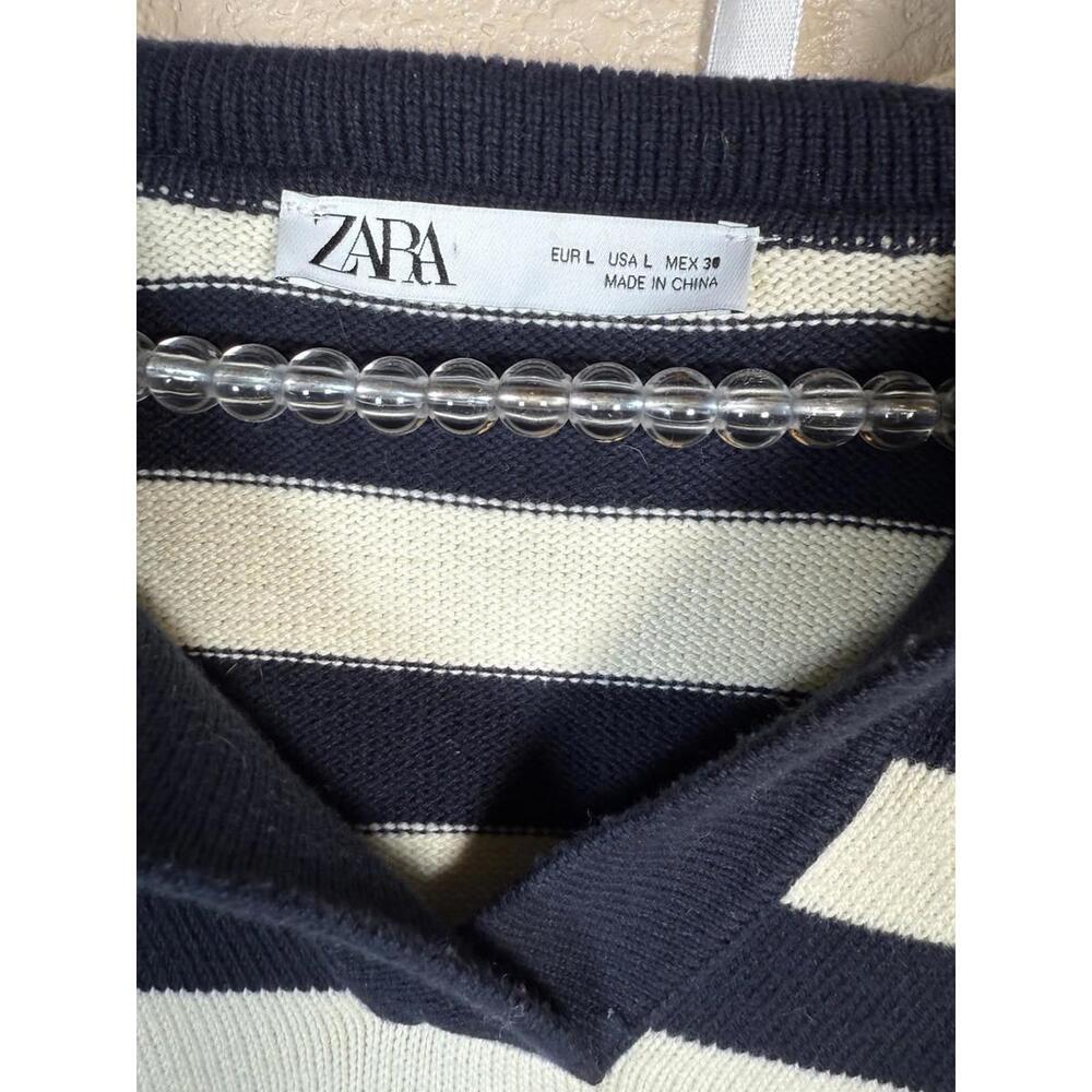 ZARA Women’s Sweater Large Striped Knit Hoodie Navy White Cotton Nautical Pocket - Picture 3 of 7